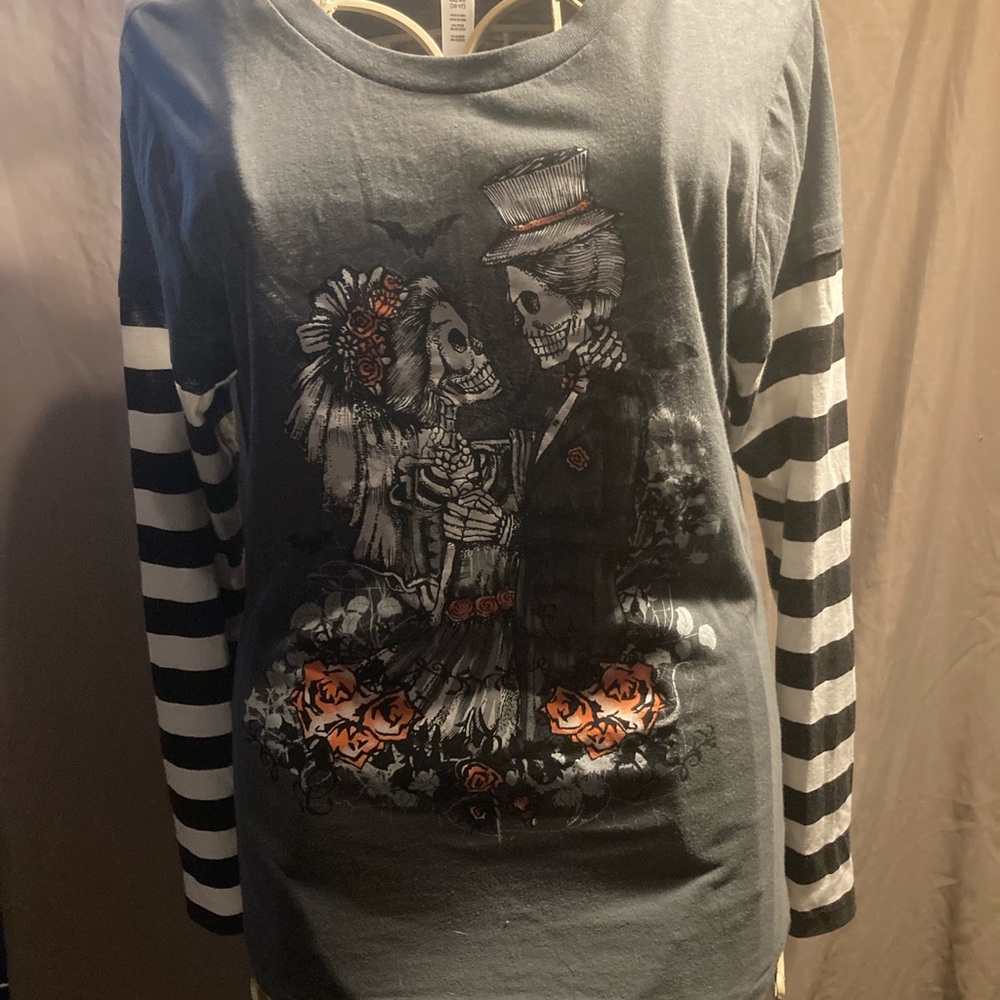 Striped Long Sleeve Skeleton Graphic Tee
